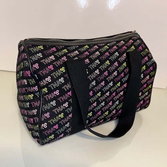 TNA Handbags - TNA Aritzia Large Black Monogram Canvas Duffel Tote Bag Handbag Leather Accents